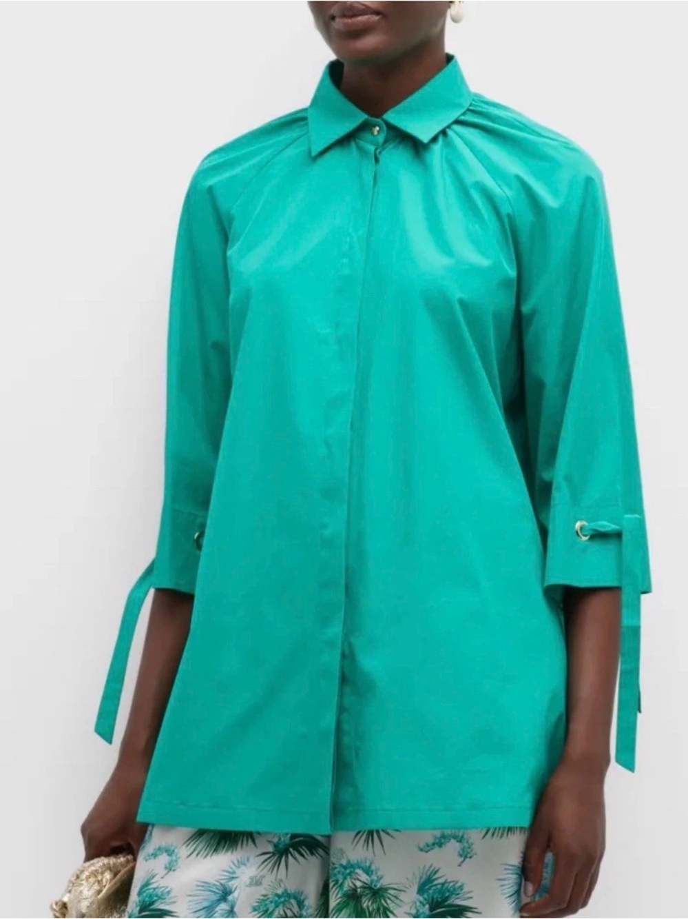 Max Mara Gigi Button Down Poplin Blouse Mint Green Tie Sleeve | Est Size Large